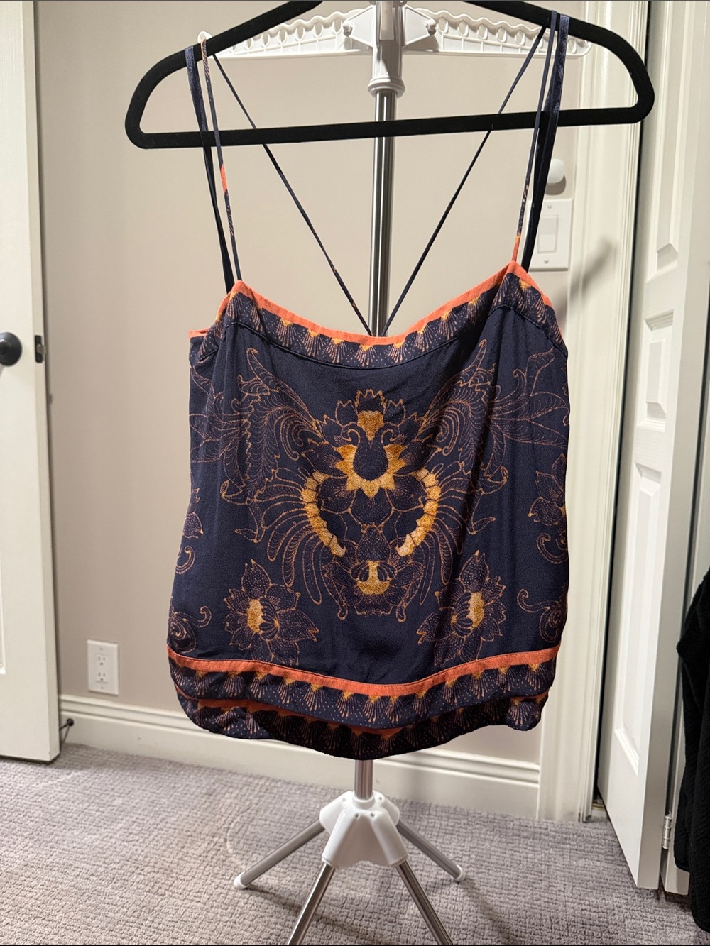 Free People Navy Floral Embroidered Cami with Orange Trim